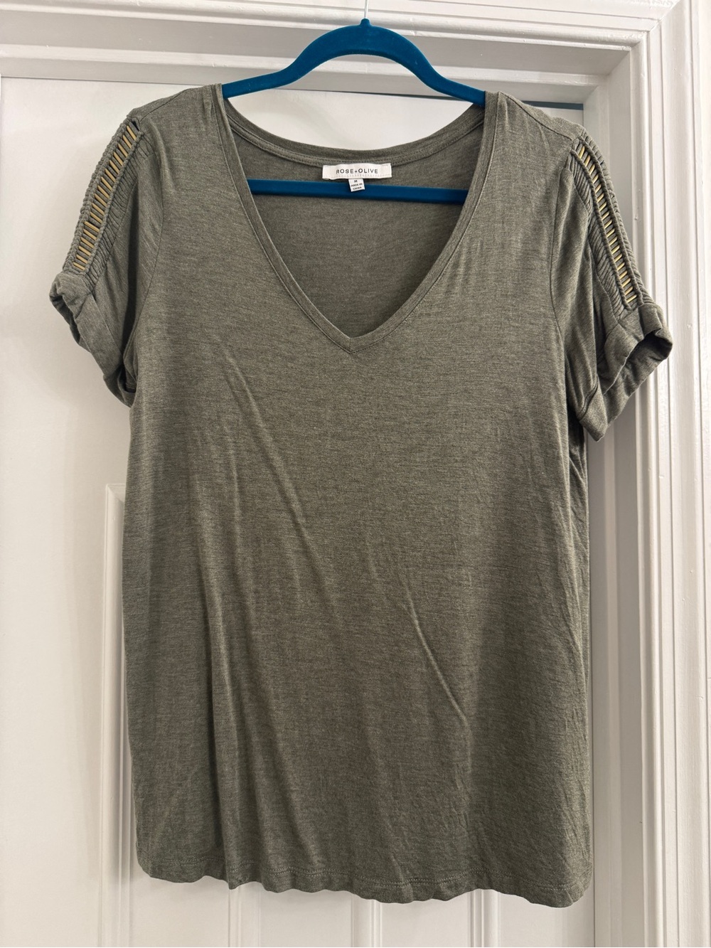 Rose & Olive Olive V-Neck Short Sleeve Top with Ladder Shoulder Cutouts